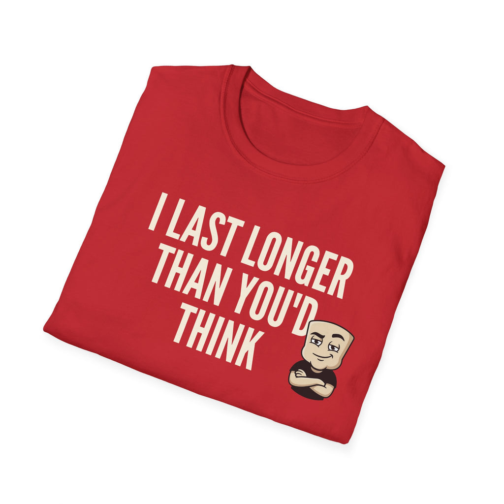 Red T-shirt with "I LAST LONGER THAN YOU'D THINK" quote and cartoon face graphic