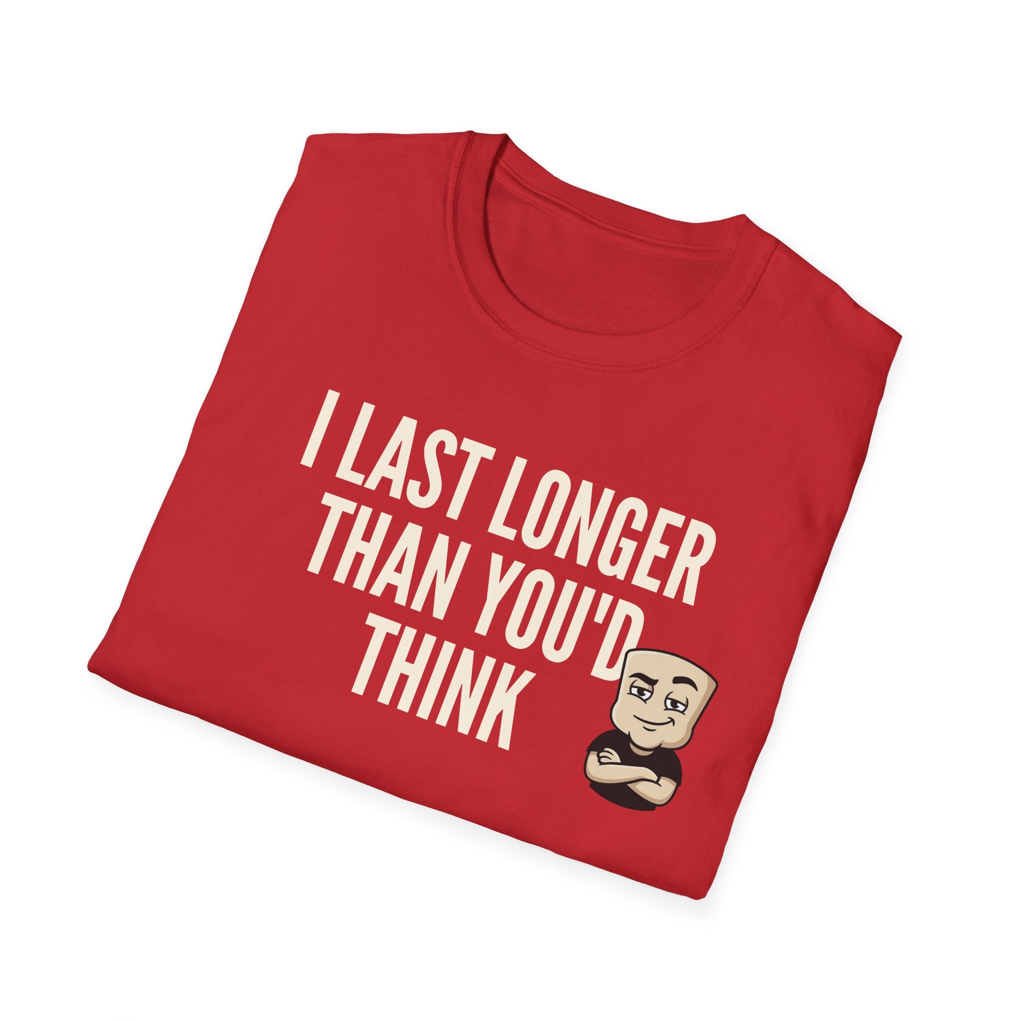Red T-shirt with "I LAST LONGER THAN YOU'D THINK" quote and cartoon face graphic