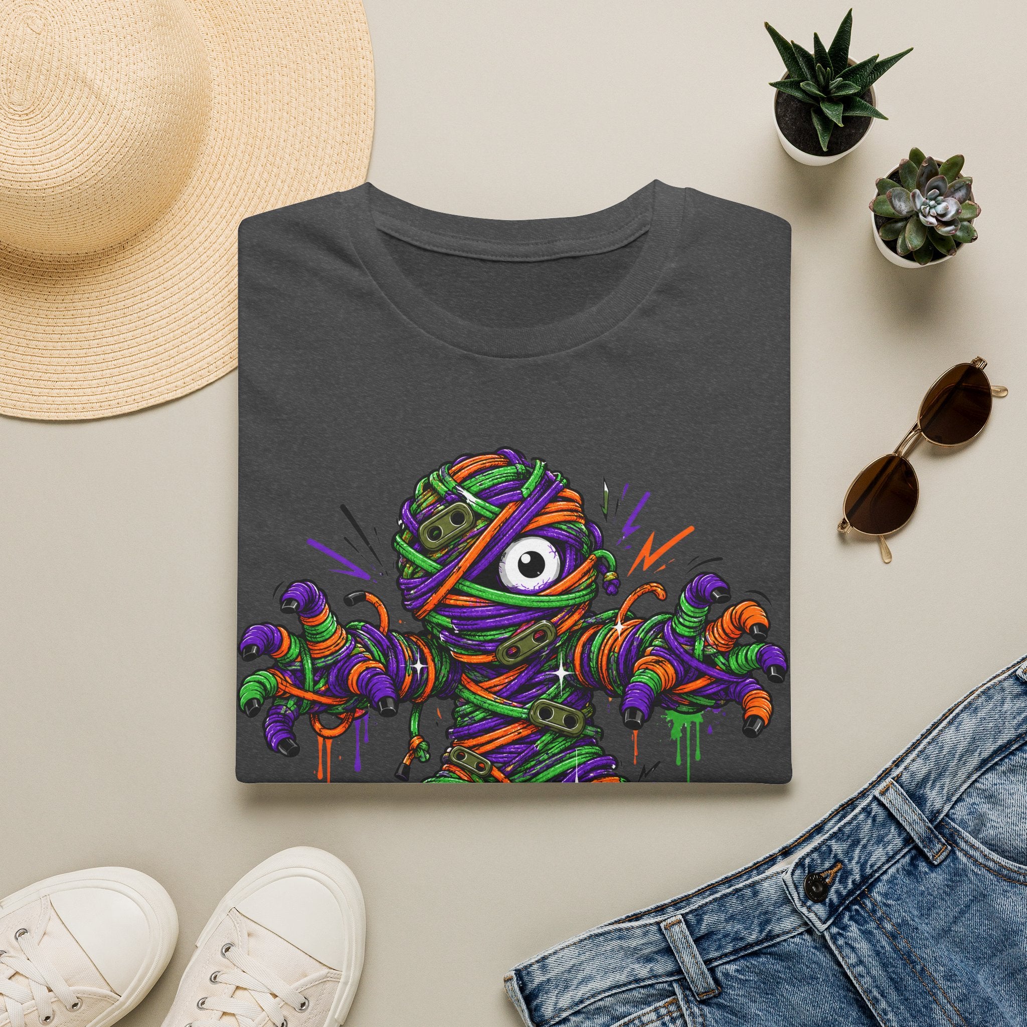 Dark gray graphic T-shirt with rainbow-wrapped mummy monster eye illustration