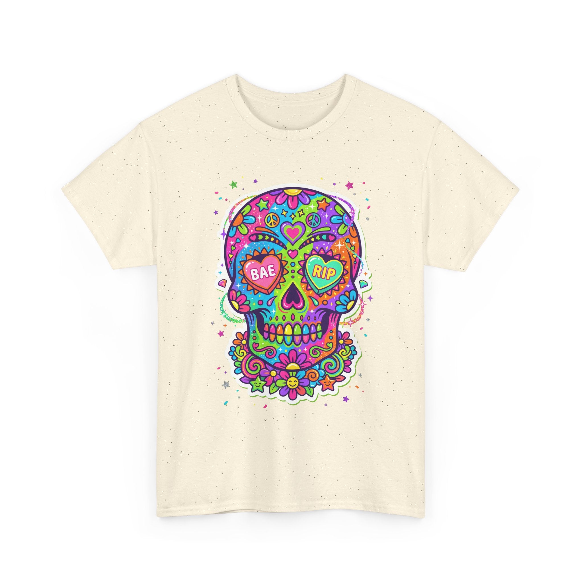 Natural cream T-shirt with colorful Day of the Dead sugar skull graphic on front.