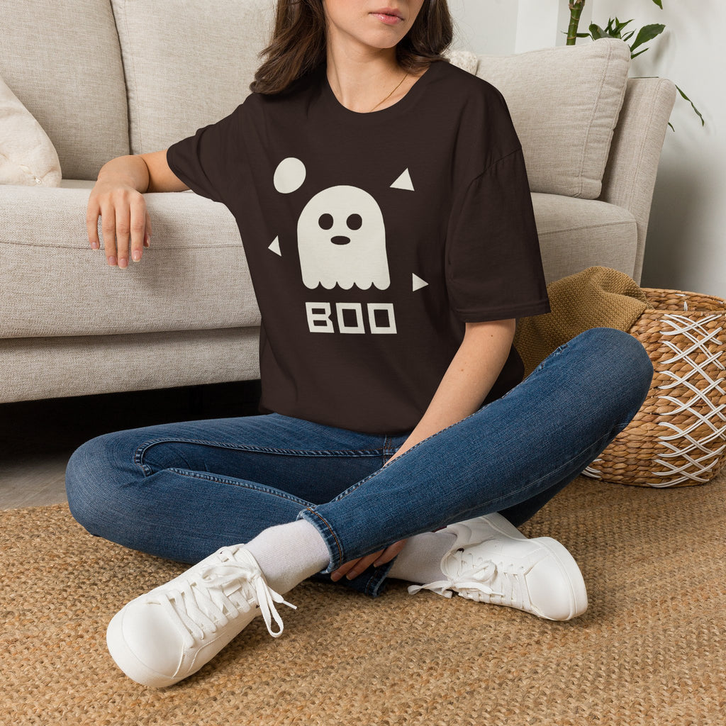 Black Halloween ghost graphic T-shirt with BOO lettering