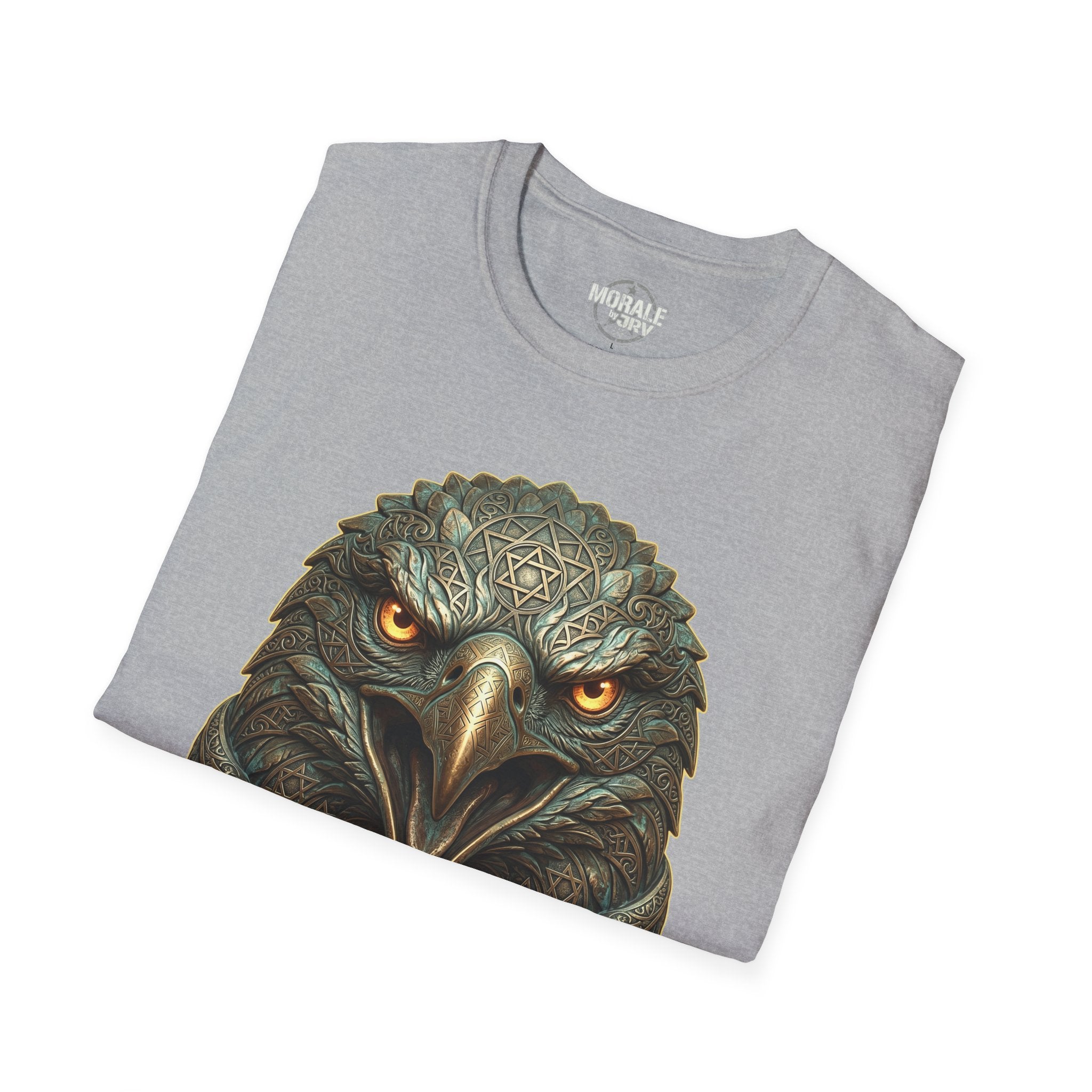 Sport Grey T-shirt with realistic eagle head illustration and golden eyes