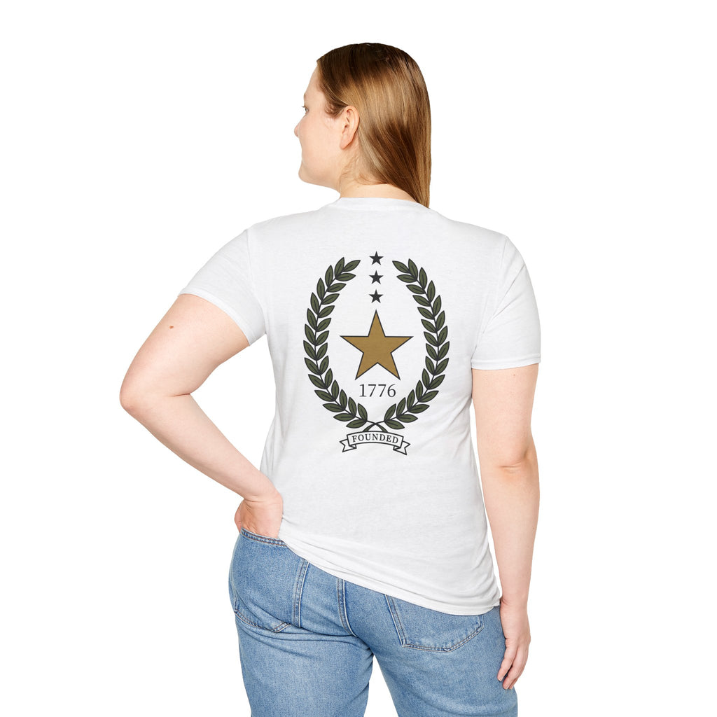 White t-shirt with back star and laurel emblem, gold star, 1776, and FOUNDED banner