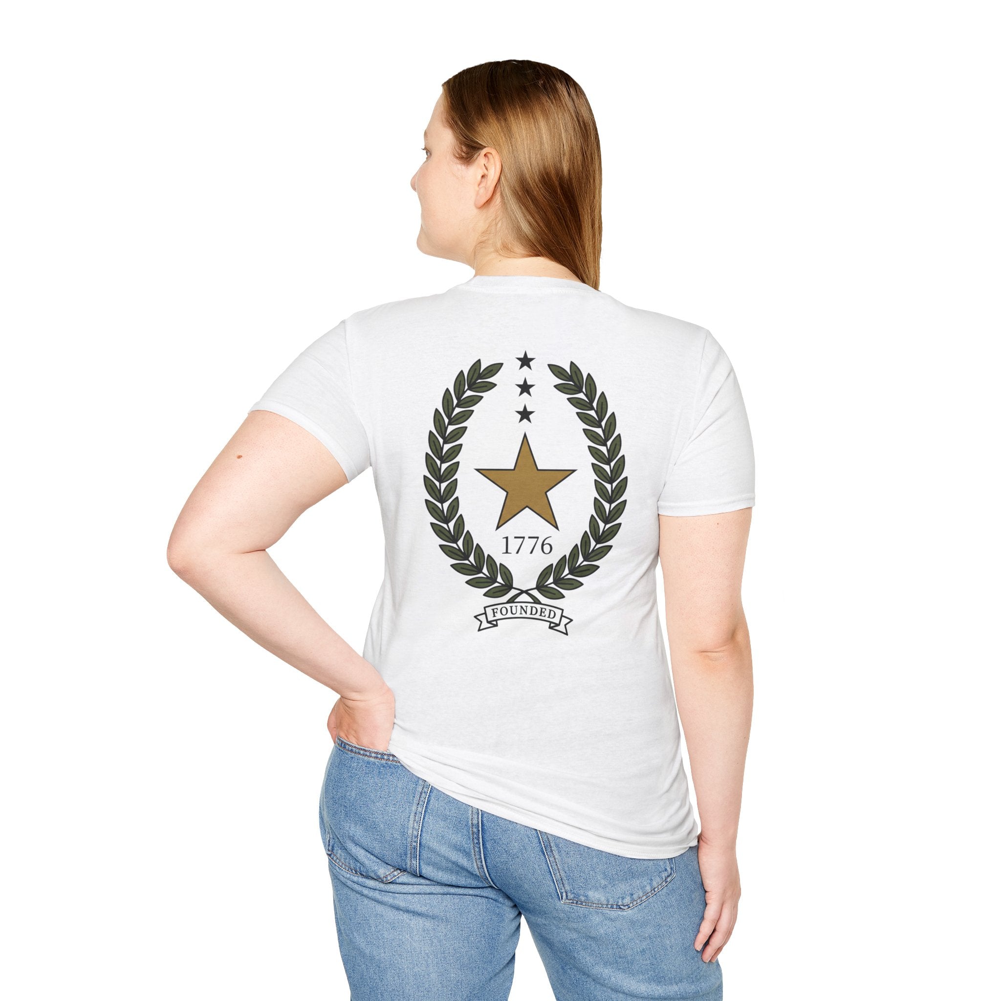White t-shirt with back star and laurel emblem, gold star, 1776, and FOUNDED banner