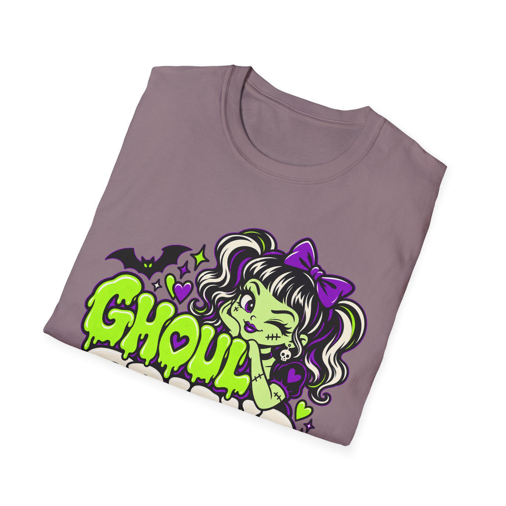 Mauve Halloween t-shirt with green “GHOUL” text and cartoon monster girl illustration
