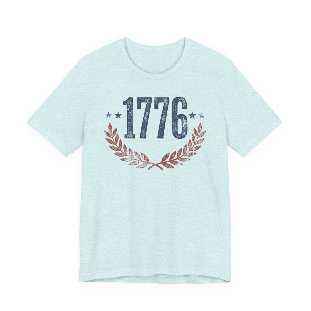 Heather Aqua T-shirt with '1776' laurel wreath graphic and star accents