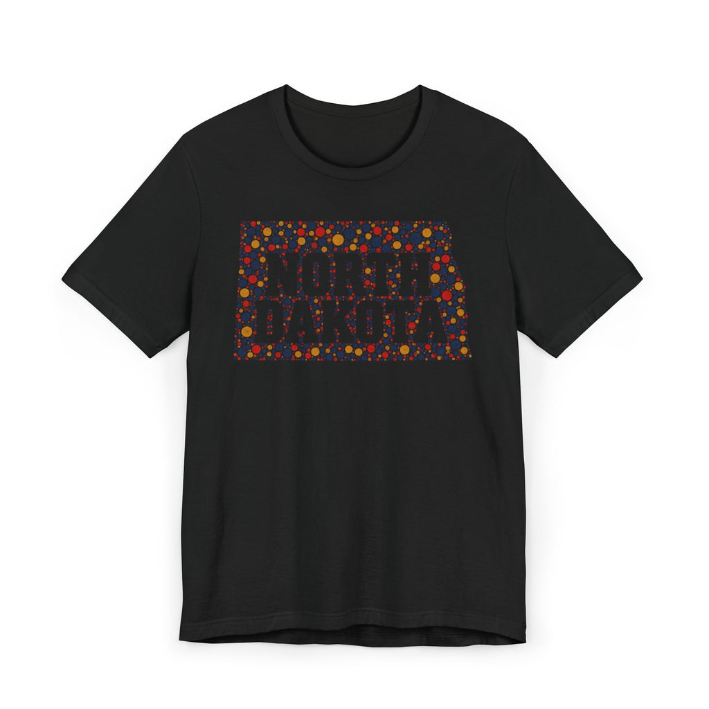 Black T-shirt with colorful "North Dakota" floral map graphic on front