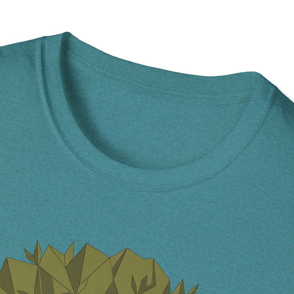 Twisted olive tree T-shirt, teal crew-neck and partial olive tree graphic
