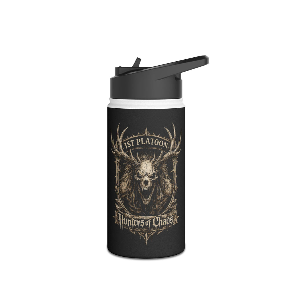 Black stainless steel tumbler with flip lid and deer head graphic with text