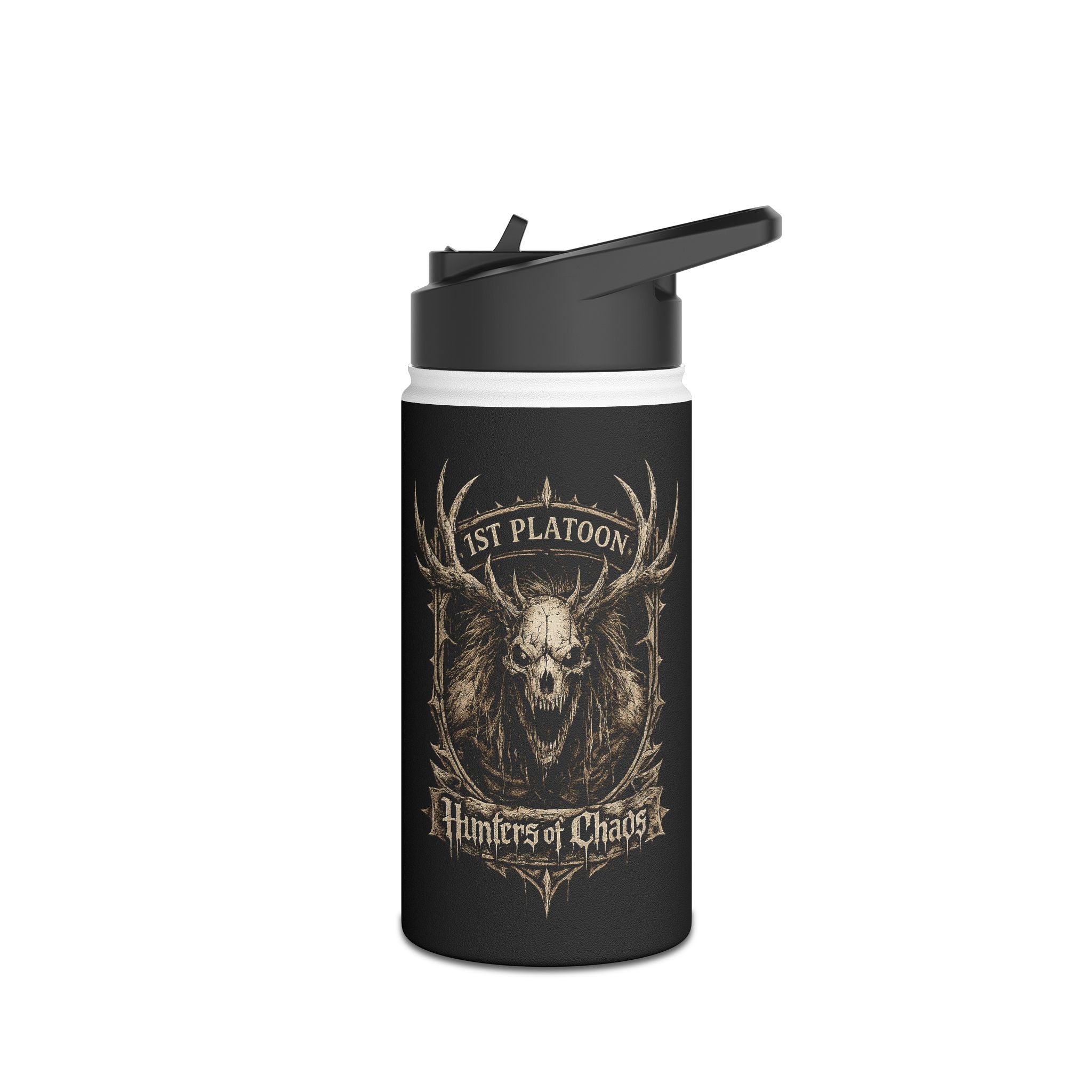 Black stainless steel tumbler with flip lid and deer head graphic with text