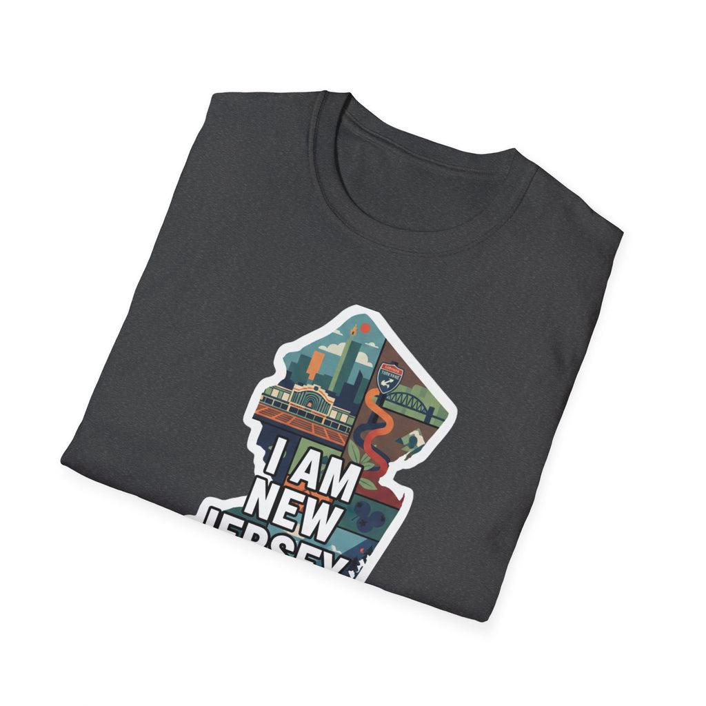 Dark heather gray T-shirt with front graphic of New Jersey outline and I AM NEW JERSEY