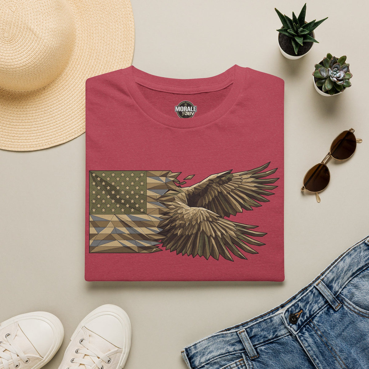 Brick red crewneck T-shirt with flying eagle graphic over American flag print