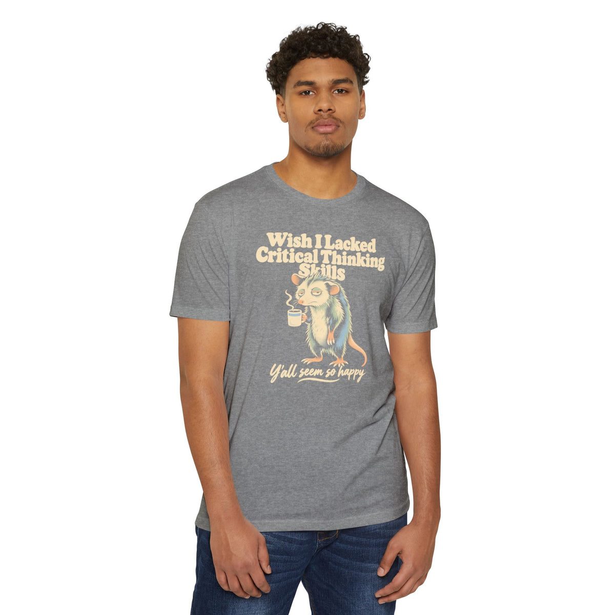 Short-sleeve heather gray T-shirt with opossum holding coffee and printed slogan