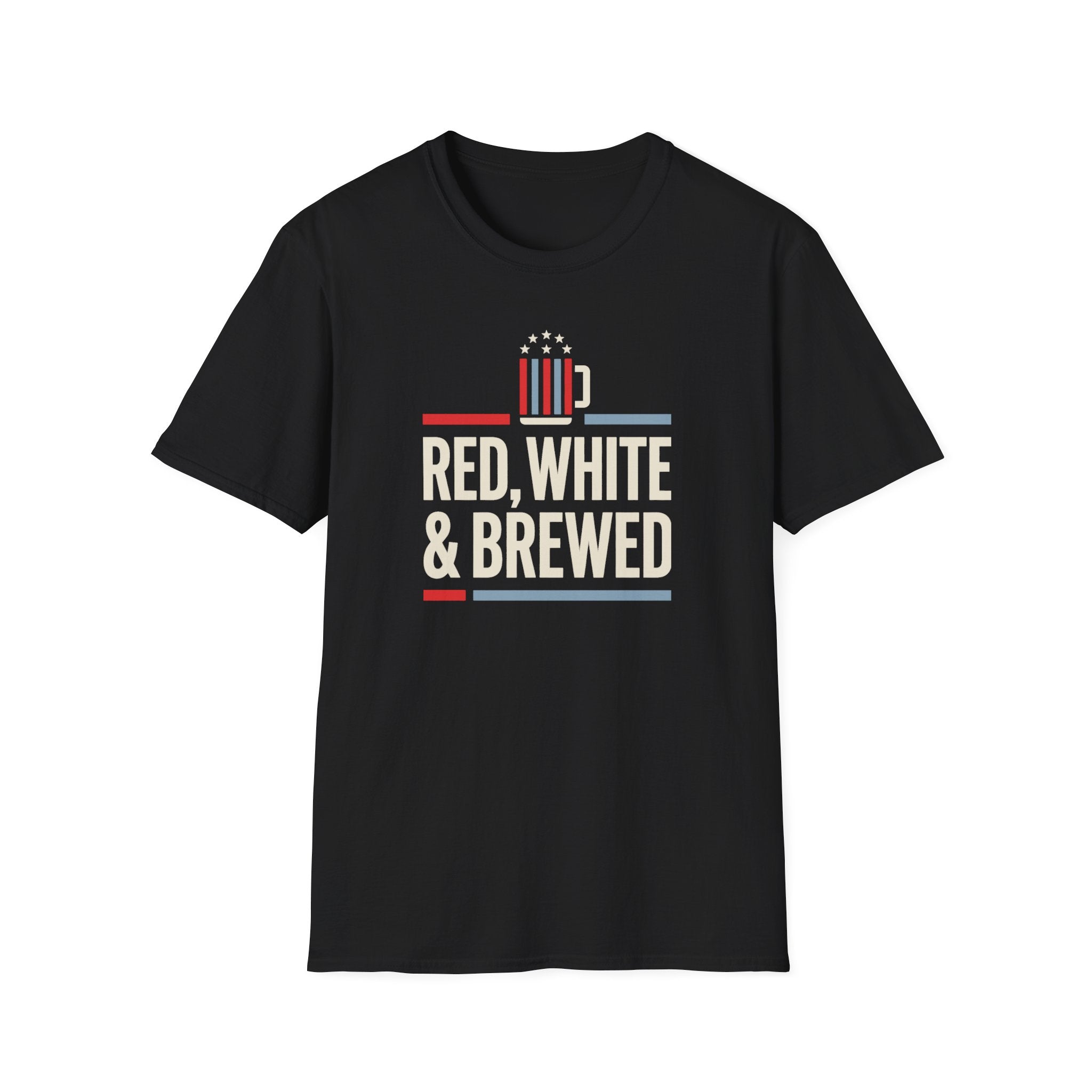 Black T-shirt with patriotic beer mug graphic and “RED, WHITE & BREWED” text