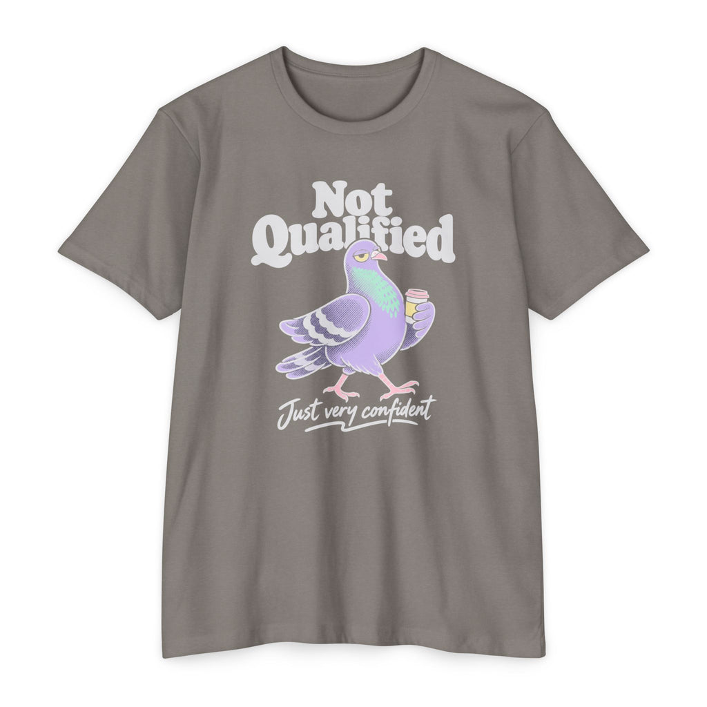 Medium gray crew-neck T-shirt with Not Qualified pigeon graphic