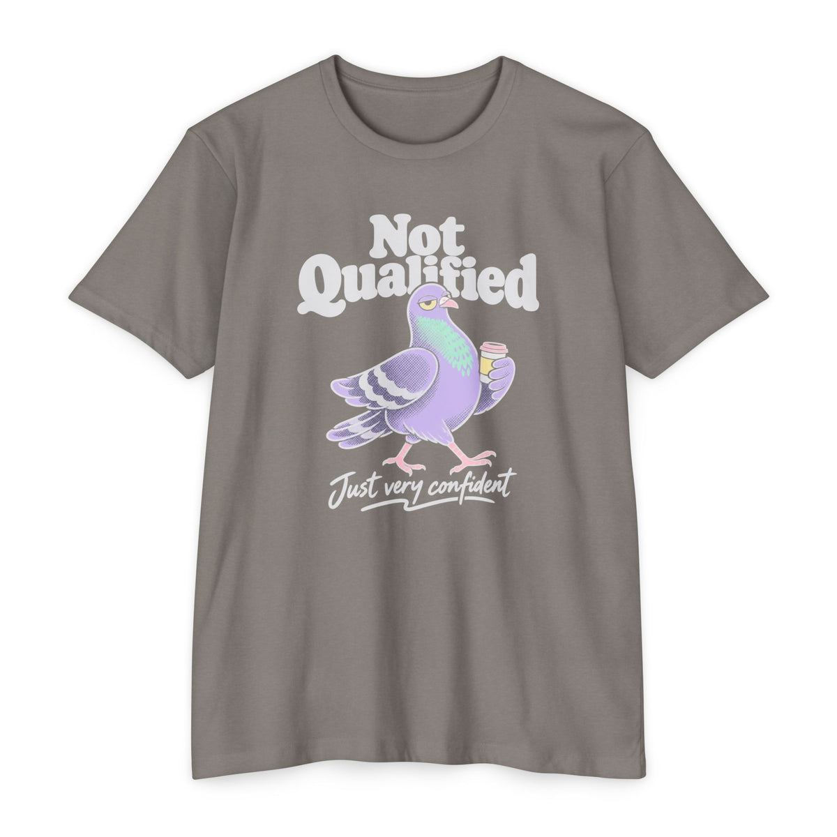 Medium gray crew-neck T-shirt with Not Qualified pigeon graphic