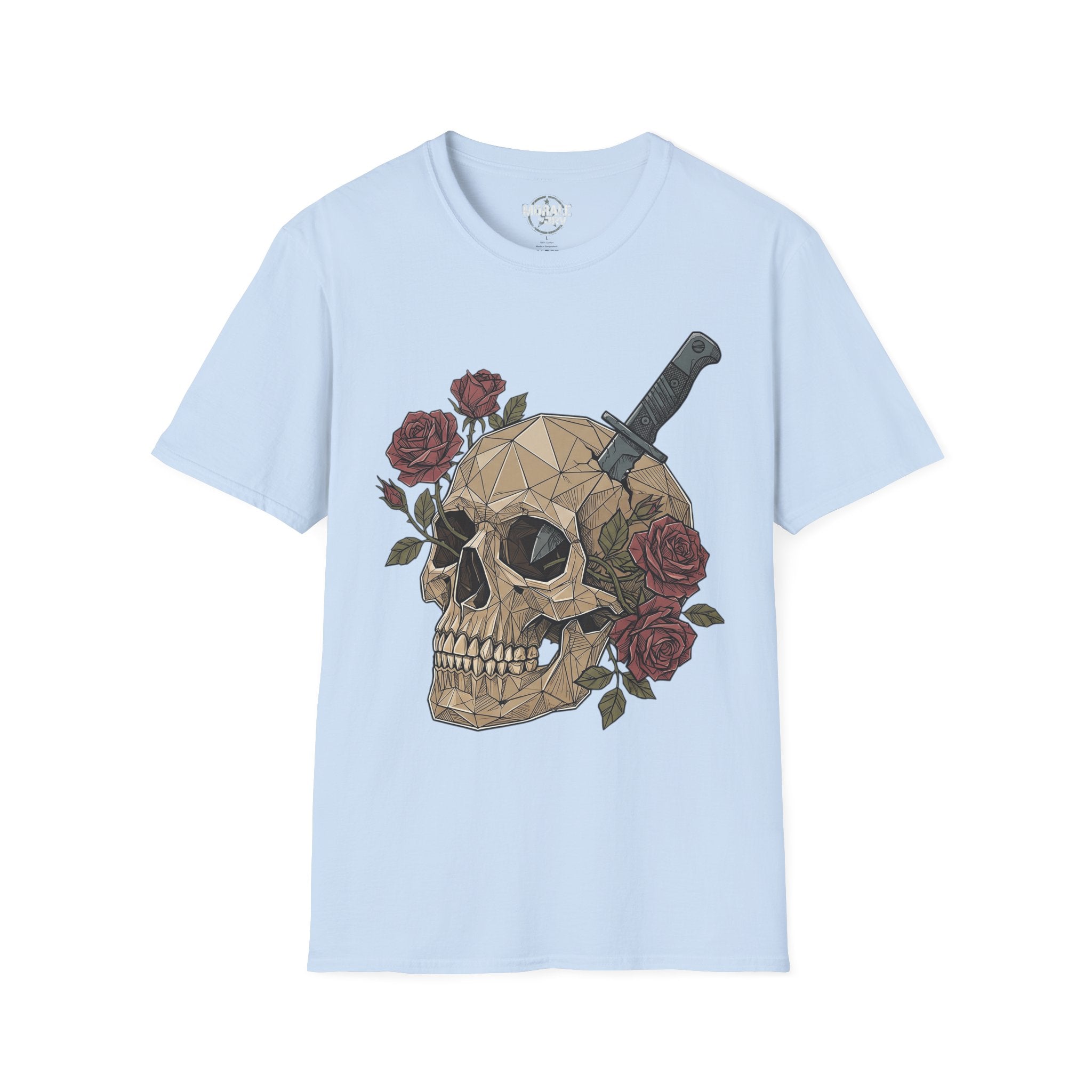Light blue graphic T-shirt with geometric skull, dagger and roses front print