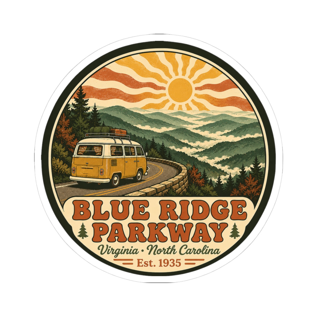 Circular sticker with yellow camper van on winding road, mountains and sun, Blue Ridge Parkway text