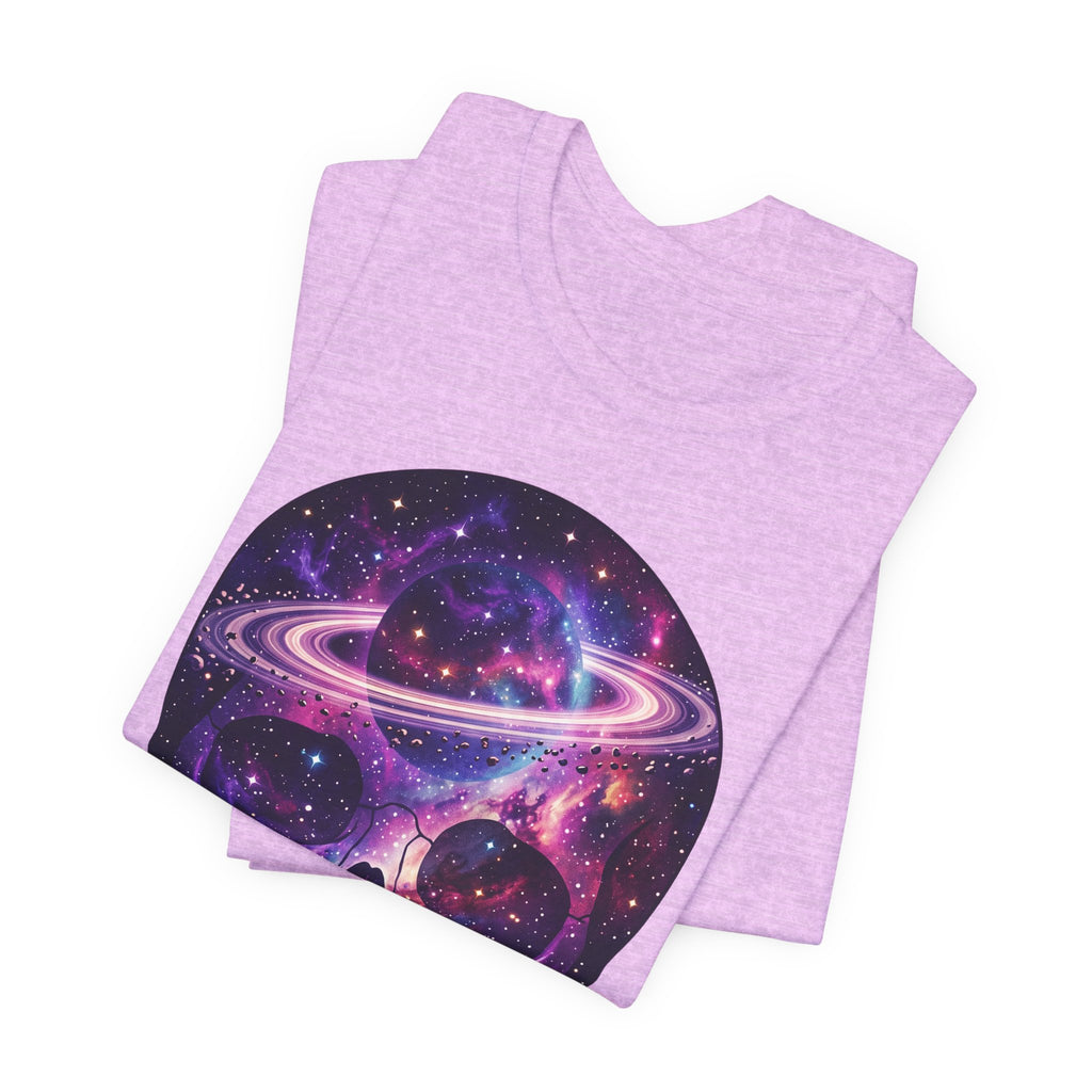 Lavender heather T-shirt with colorful nebula planet skull graphic, folded view