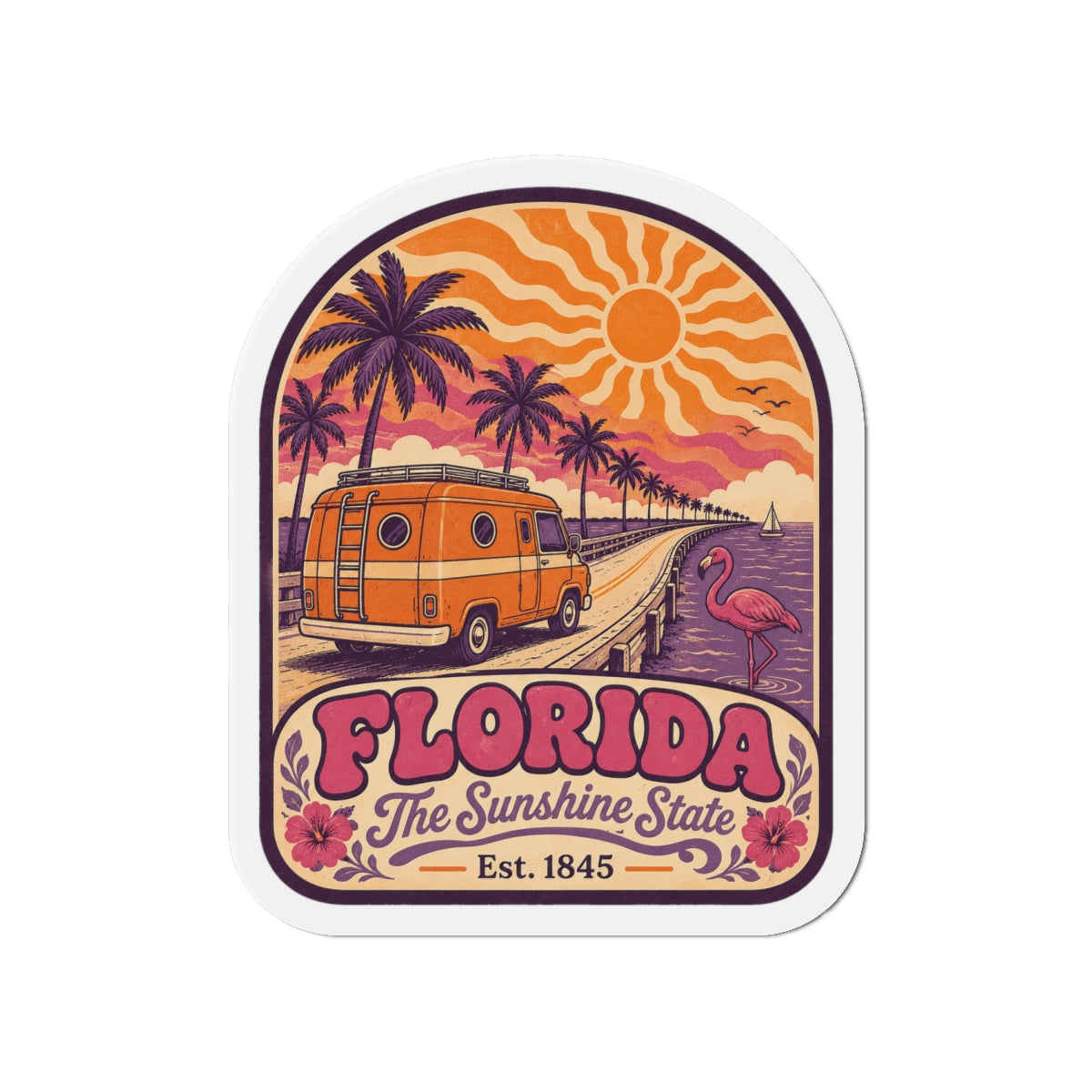 Florida die-cut fridge magnet with retro orange van, palm trees, and flamingo