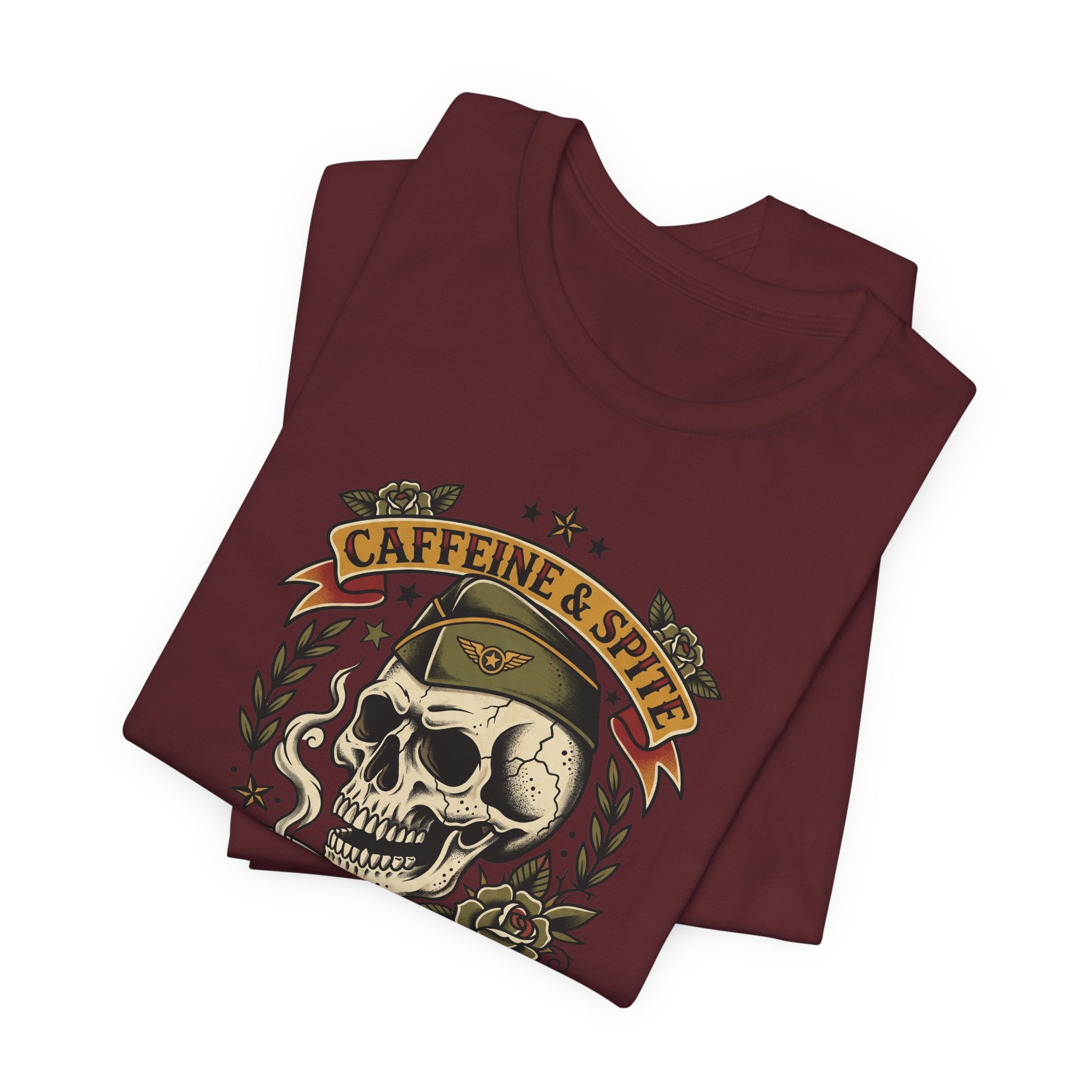 Burgundy T-shirt with front skull and “CAFFEINE & SPITE” graphic illustration