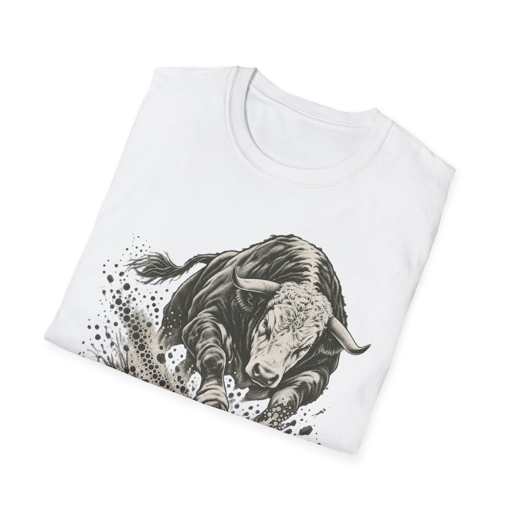 White graphic t-shirt with charging bull illustration and splatter design