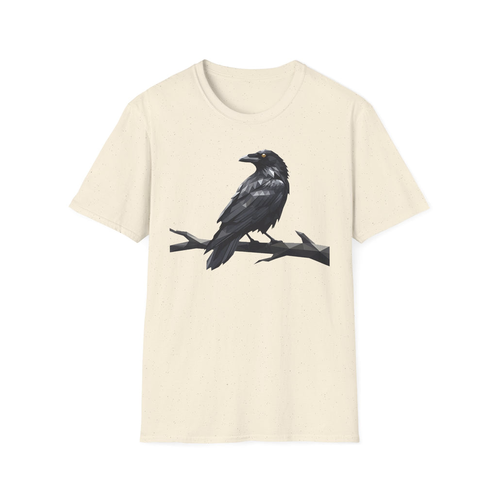 Cream crew-neck t-shirt with black raven bird graphic centered on the front