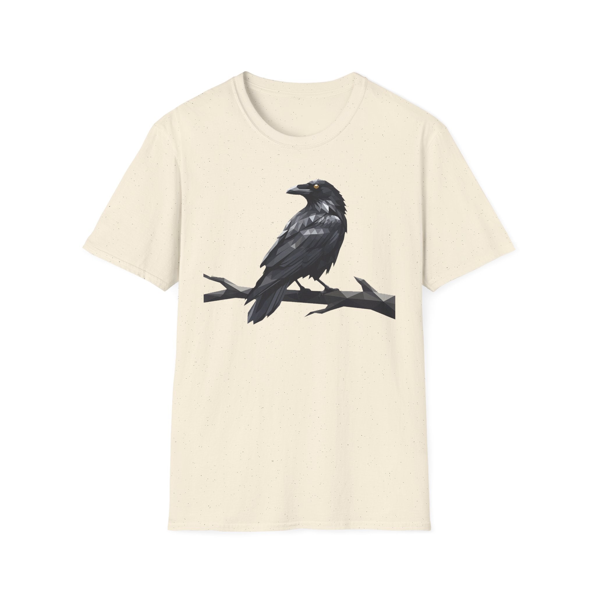 Cream crew-neck t-shirt with black raven bird graphic centered on the front