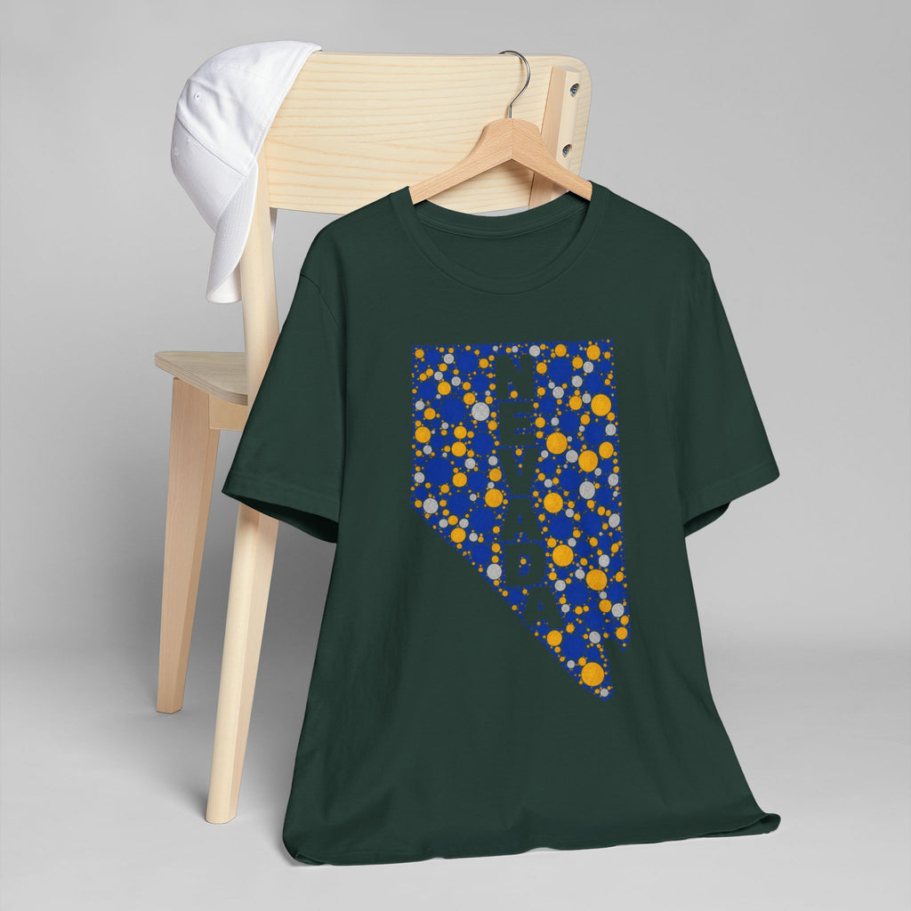 Forest green crewneck T-shirt with Nevada state floral dot graphic in blue and gold