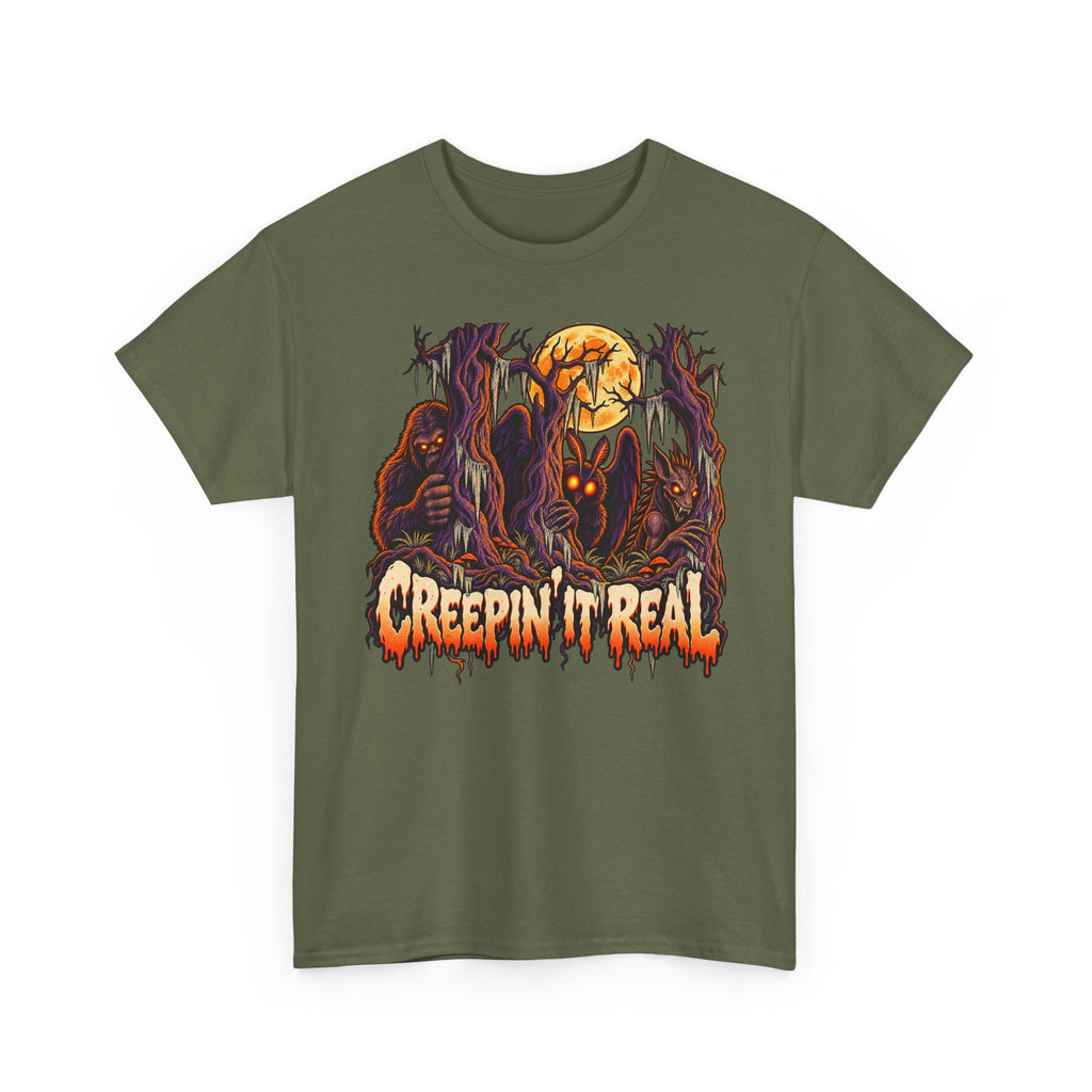 Halloween monster graphic T-shirt in muted green with orange skull and claw design