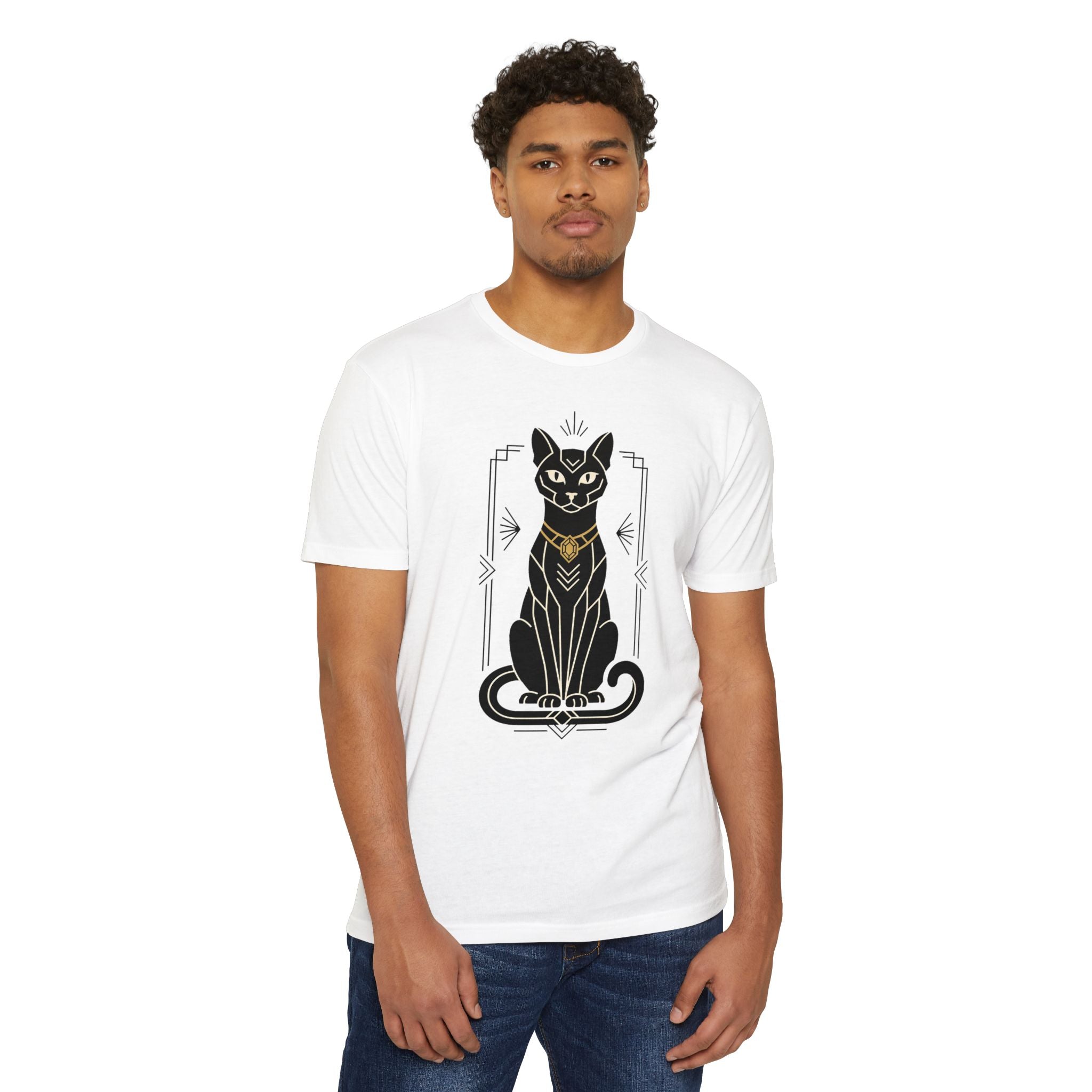 White cat illustration graphic T-shirt with Art Deco-style Egyptian cat design at center front