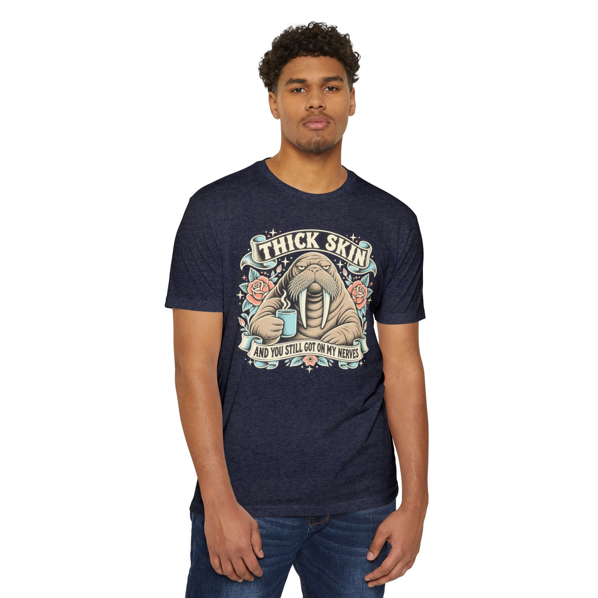 Dark navy crew-neck graphic T-shirt with walrus illustration and “Thick Skin” text