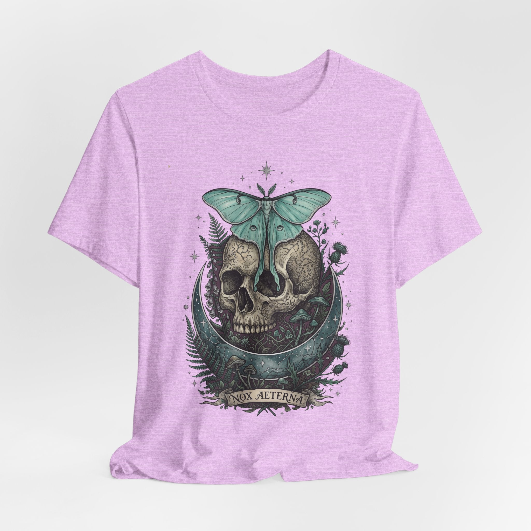 Purple heather unisex T-shirt, front print of teal moth over skull and greenery