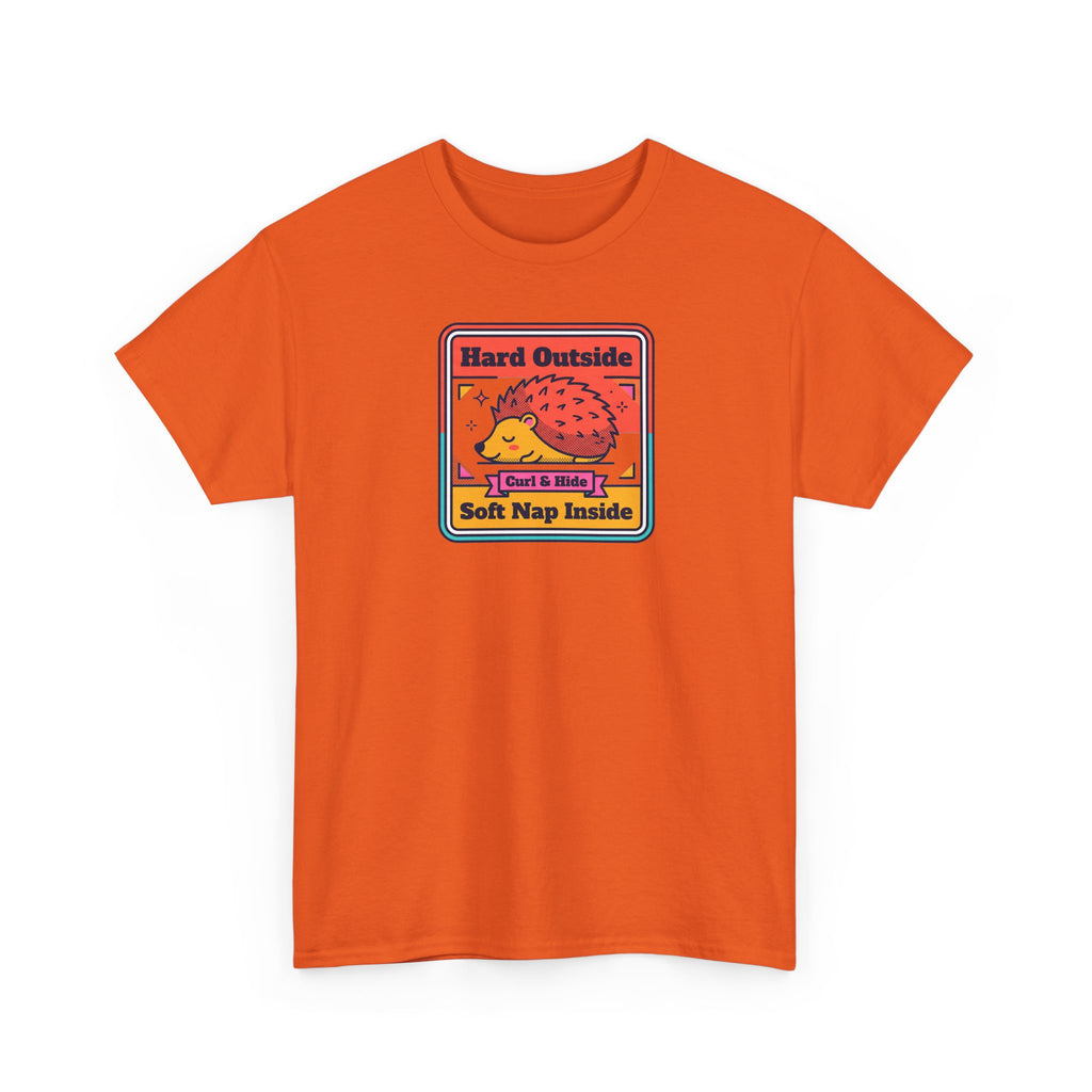 Orange graphic T-shirt with hedgehog introvert slogan, crew neck short sleeves