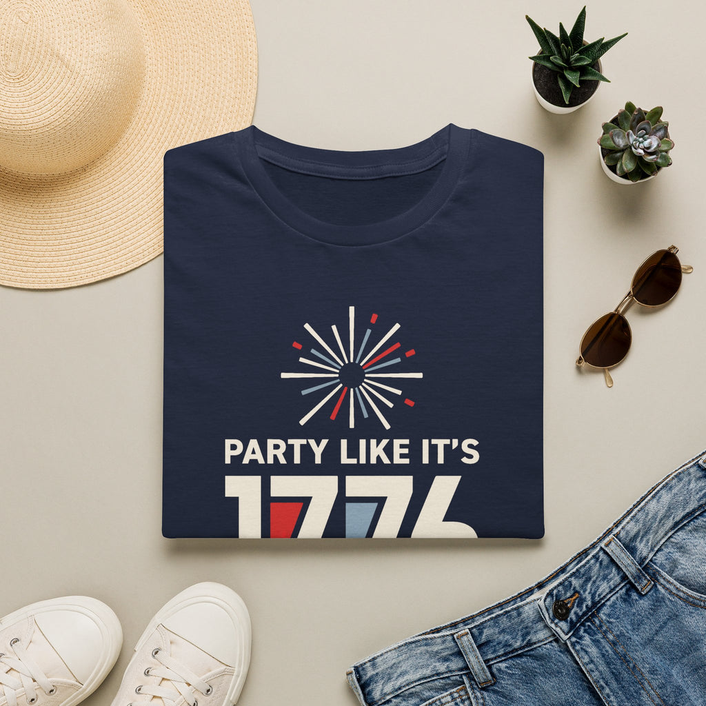 Navy T-shirt with fireworks 'PARTY LIKE IT'S 1776' graphic