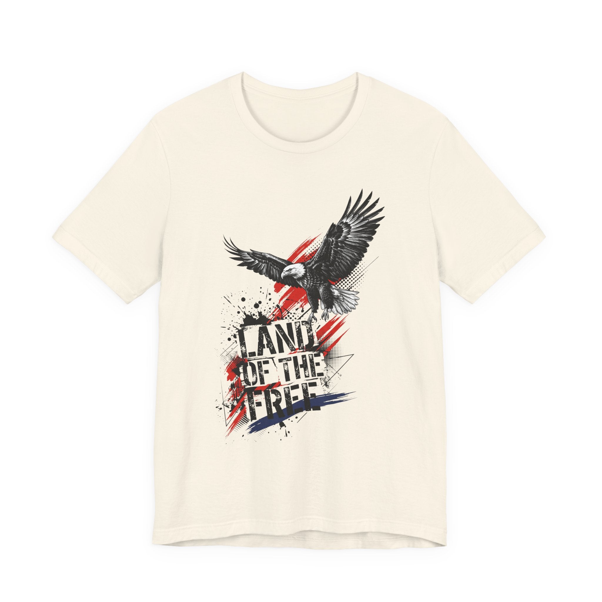 Natural cream eagle graphic t-shirt with distressed "Land of the Free" text and flag accents