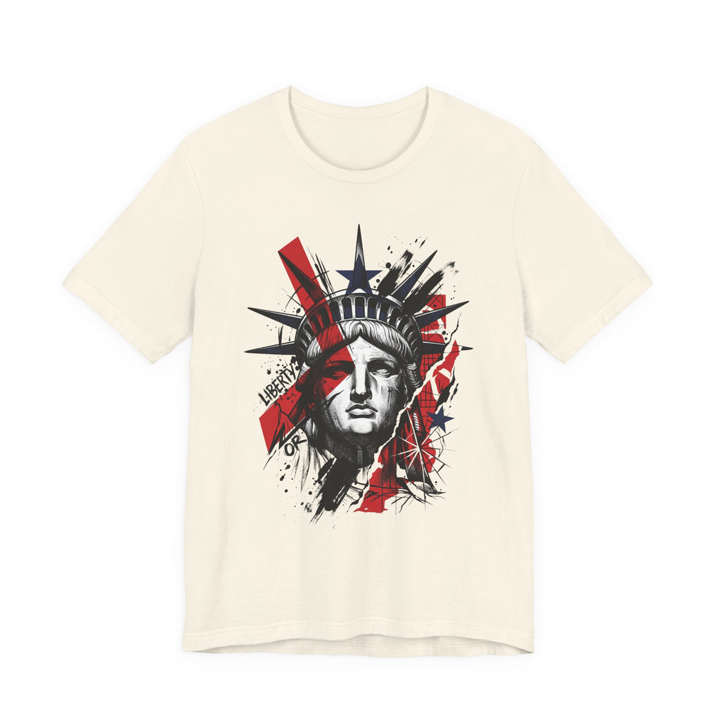 Cream graphic t-shirt with Statue of Liberty face illustration in red and black