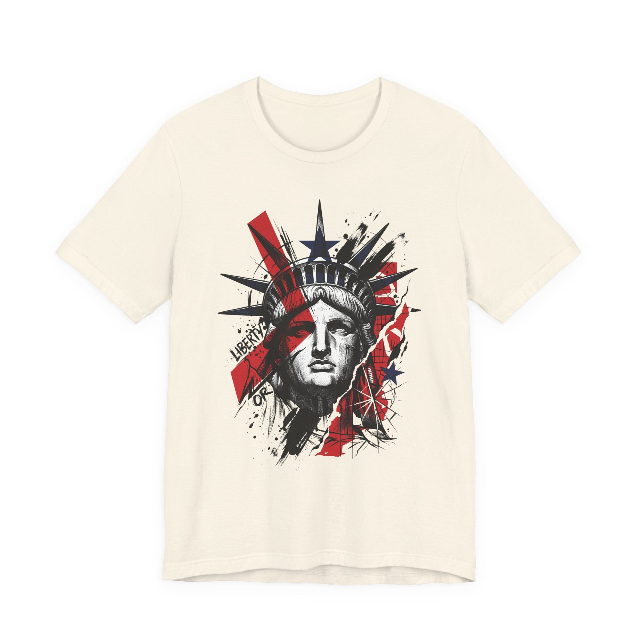 Cream graphic t-shirt with Statue of Liberty face illustration in red and black