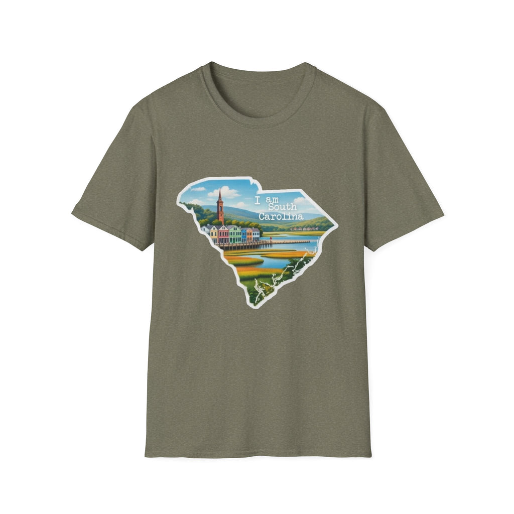 Heather military green T-shirt with South Carolina state skyline graphic and “I am South Carolina” text