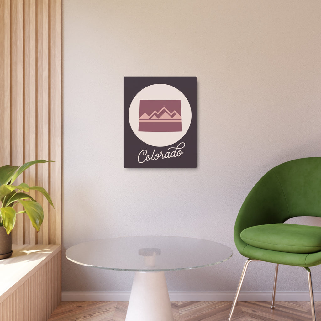 Mauve Colorado mountain metal wall art with cream circle and cursive "Colorado"
