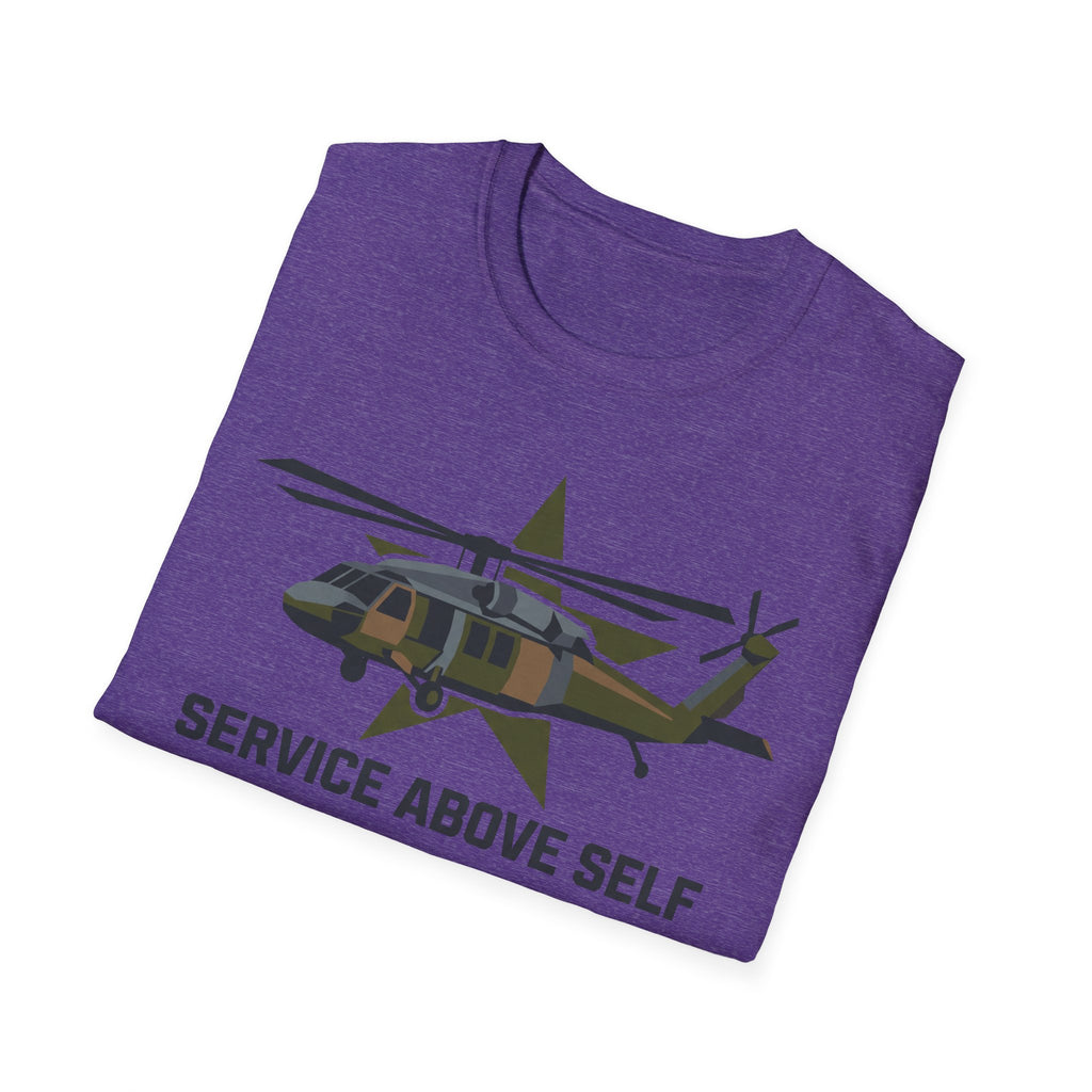Crewneck t-shirt in purple with printed military helicopter and "SERVICE ABOVE SELF" text