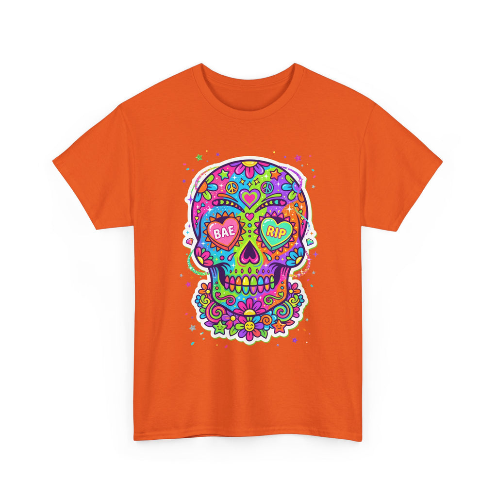 Orange T-shirt with colorful sugar skull graphic