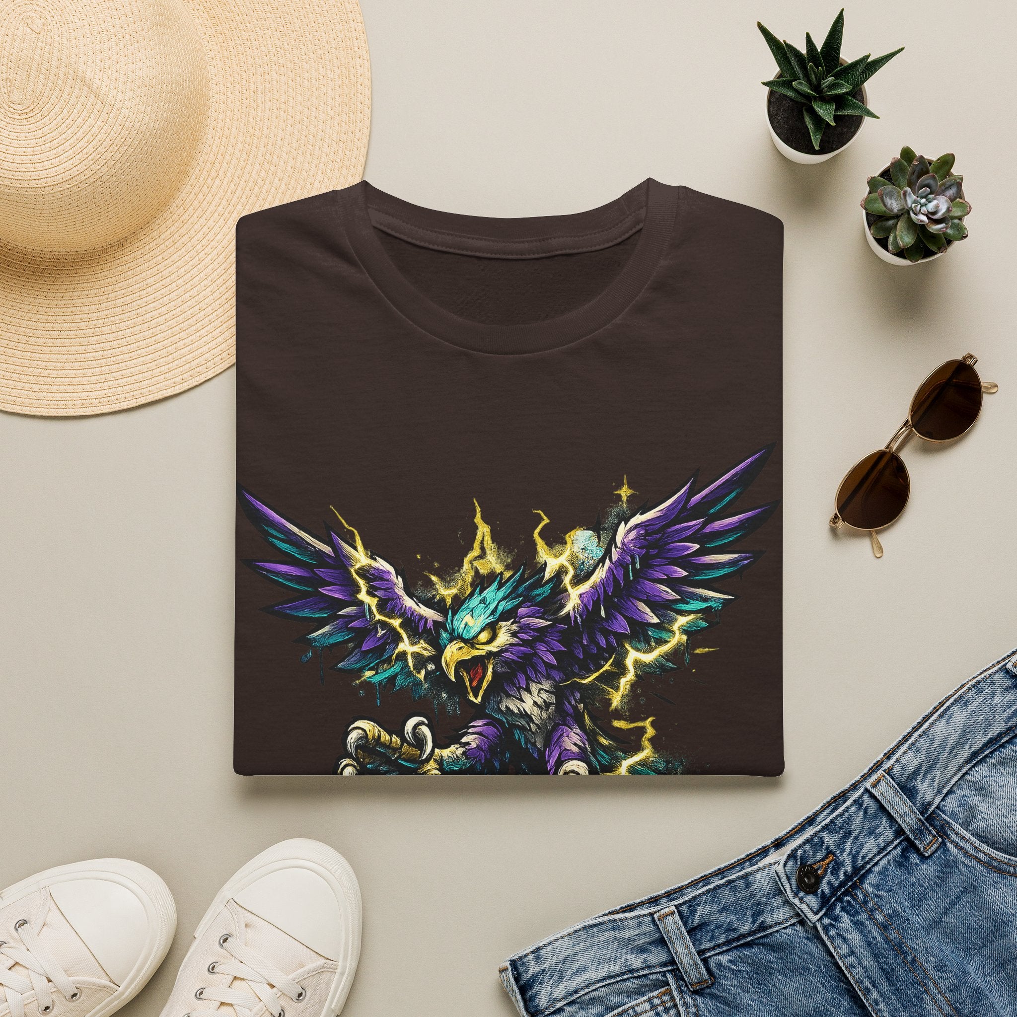 Brown crew-neck T-shirt with colorful mythical lightning bird graphic