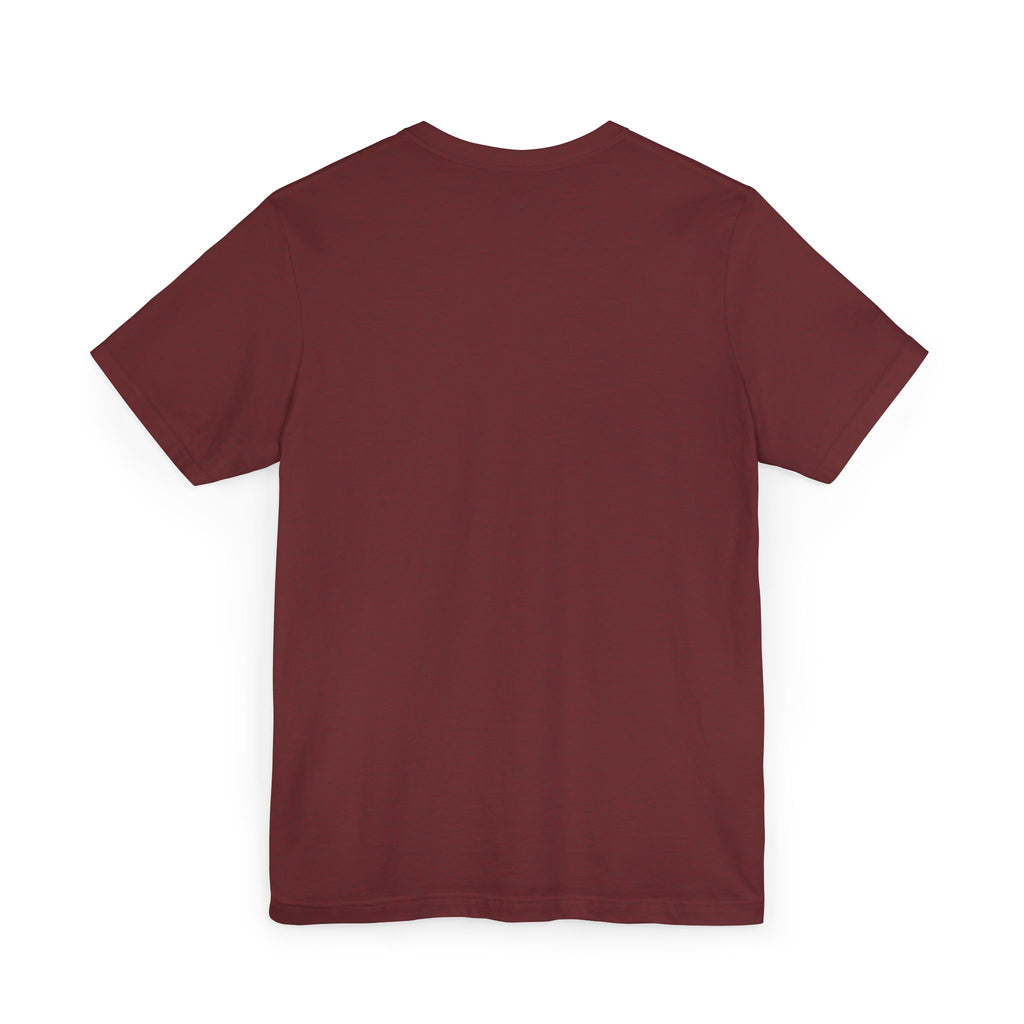 Maroon crew-neck t-shirt with short sleeves and a straight hem.