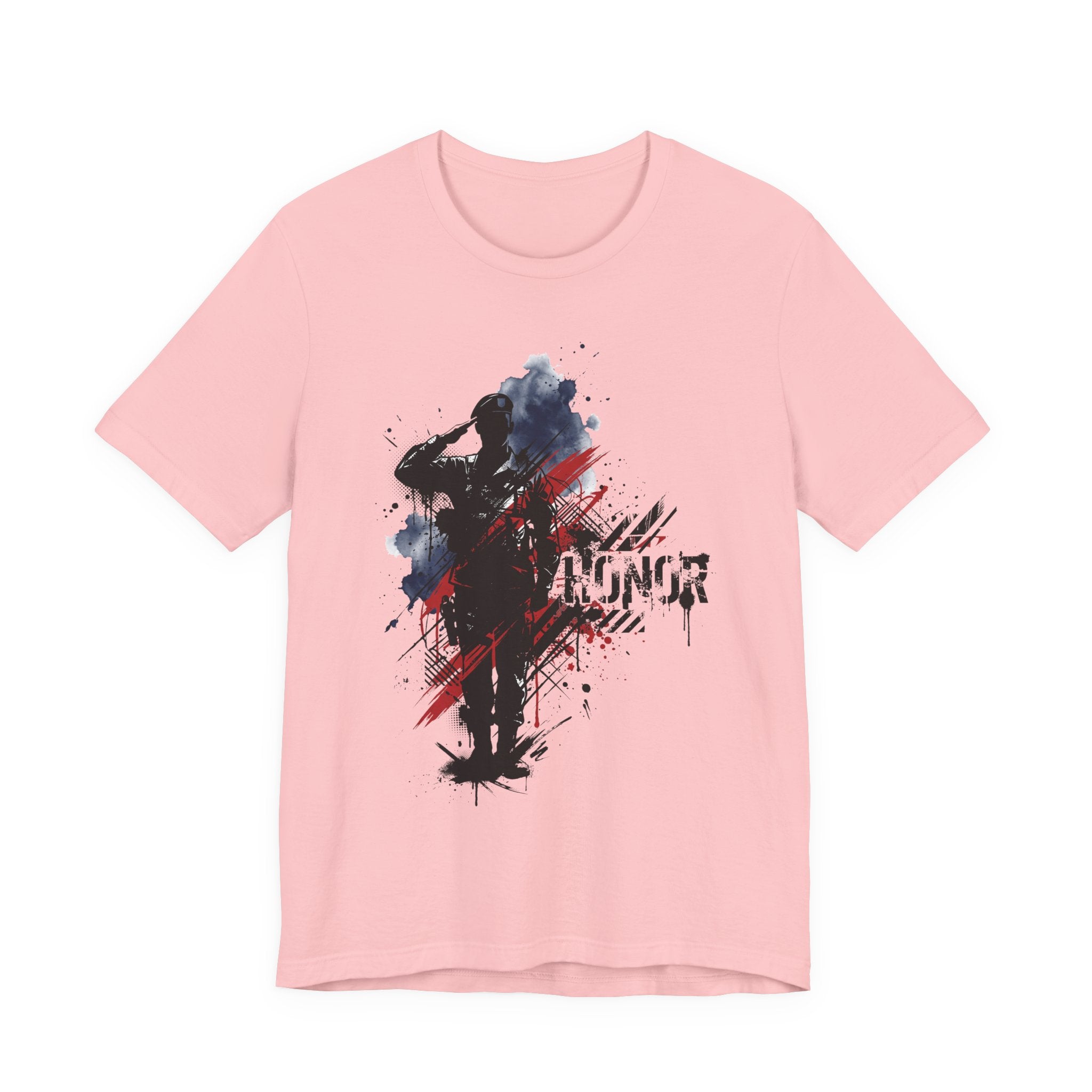 Light pink T-shirt with black, blue, and red soldier silhouette graphic centered on chest