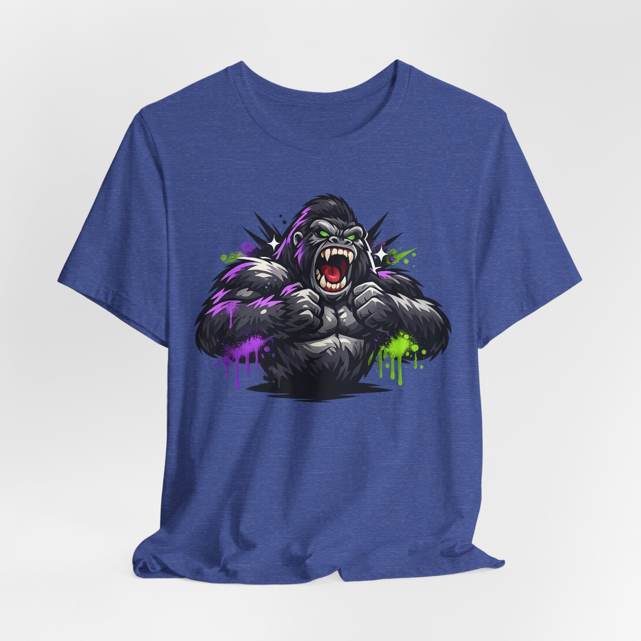 Heather True Royal unisex crewneck T-shirt with roaring gorilla graphic