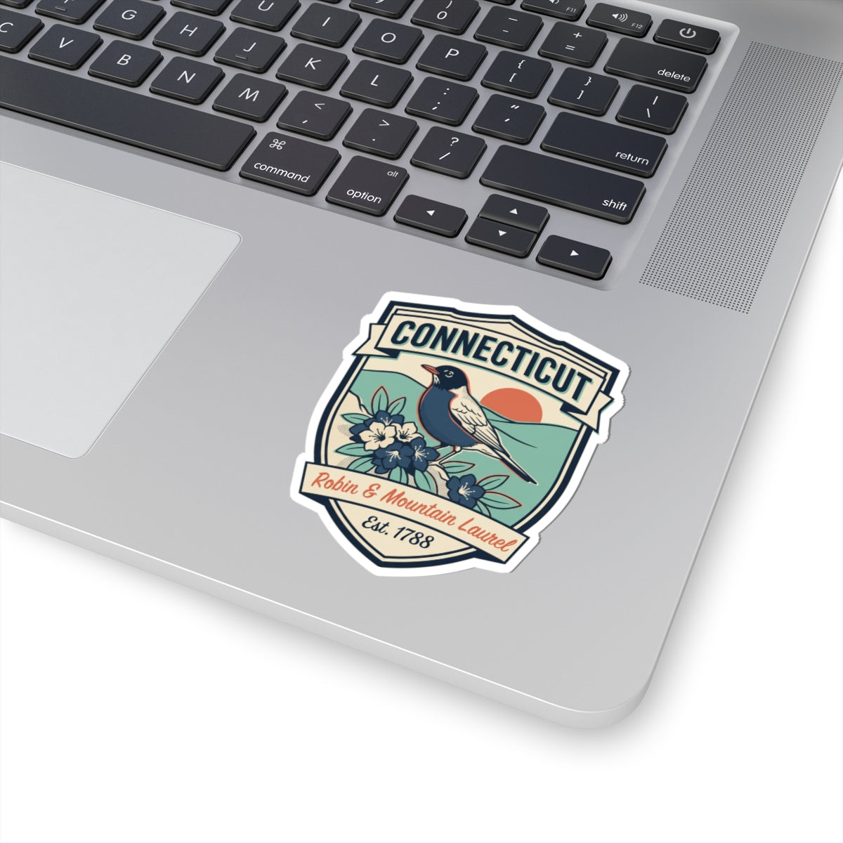 Connecticut vinyl badge sticker with robin and mountain laurel artwork, Est. 1788, white outline.