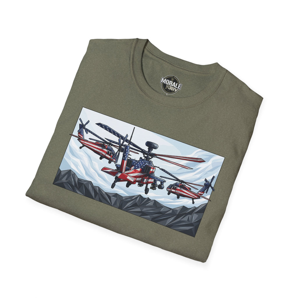 Olive green T-shirt with attack helicopter graphic on mountain scene