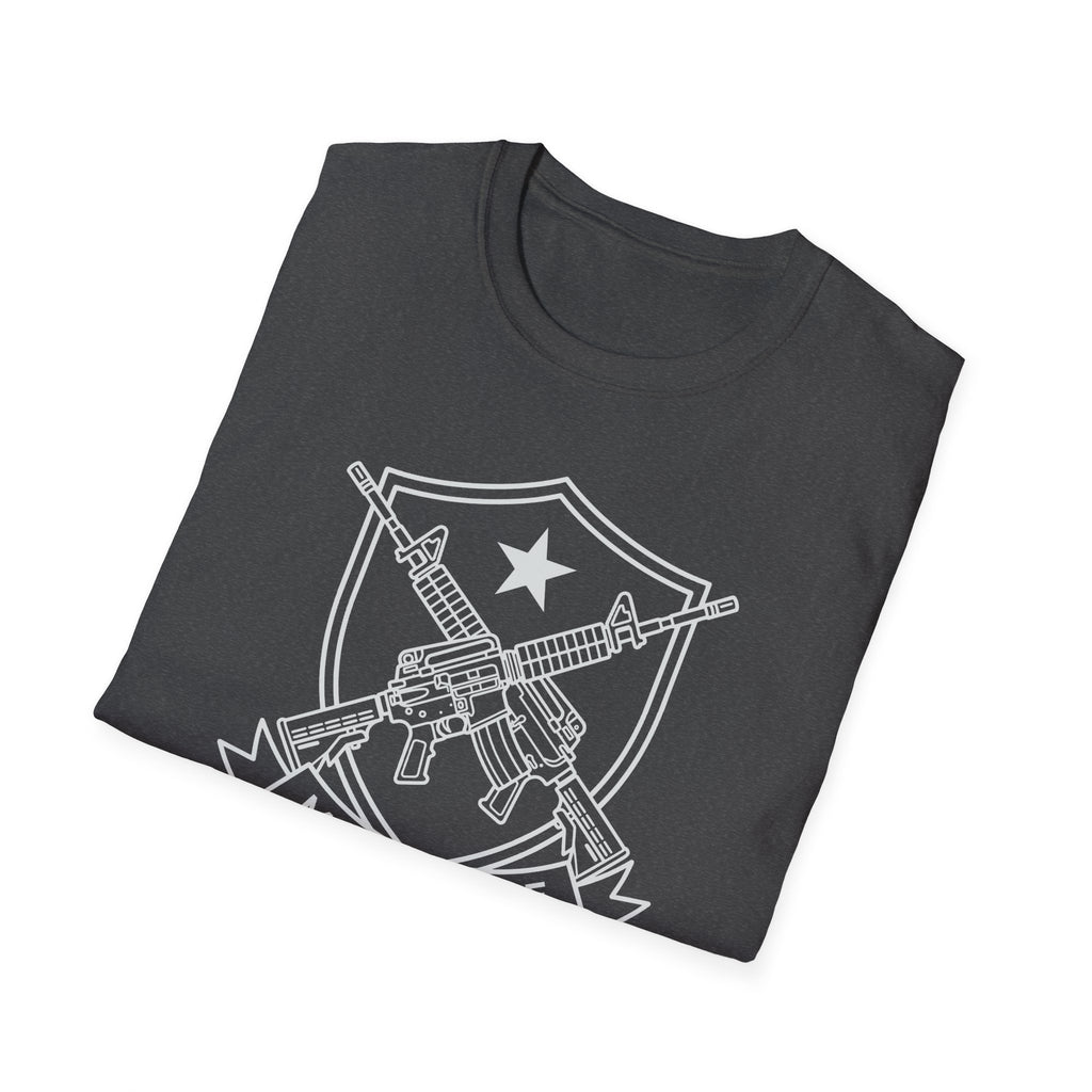 Graphic T-shirt in black with crossed-rifles shield chest print in white outline.