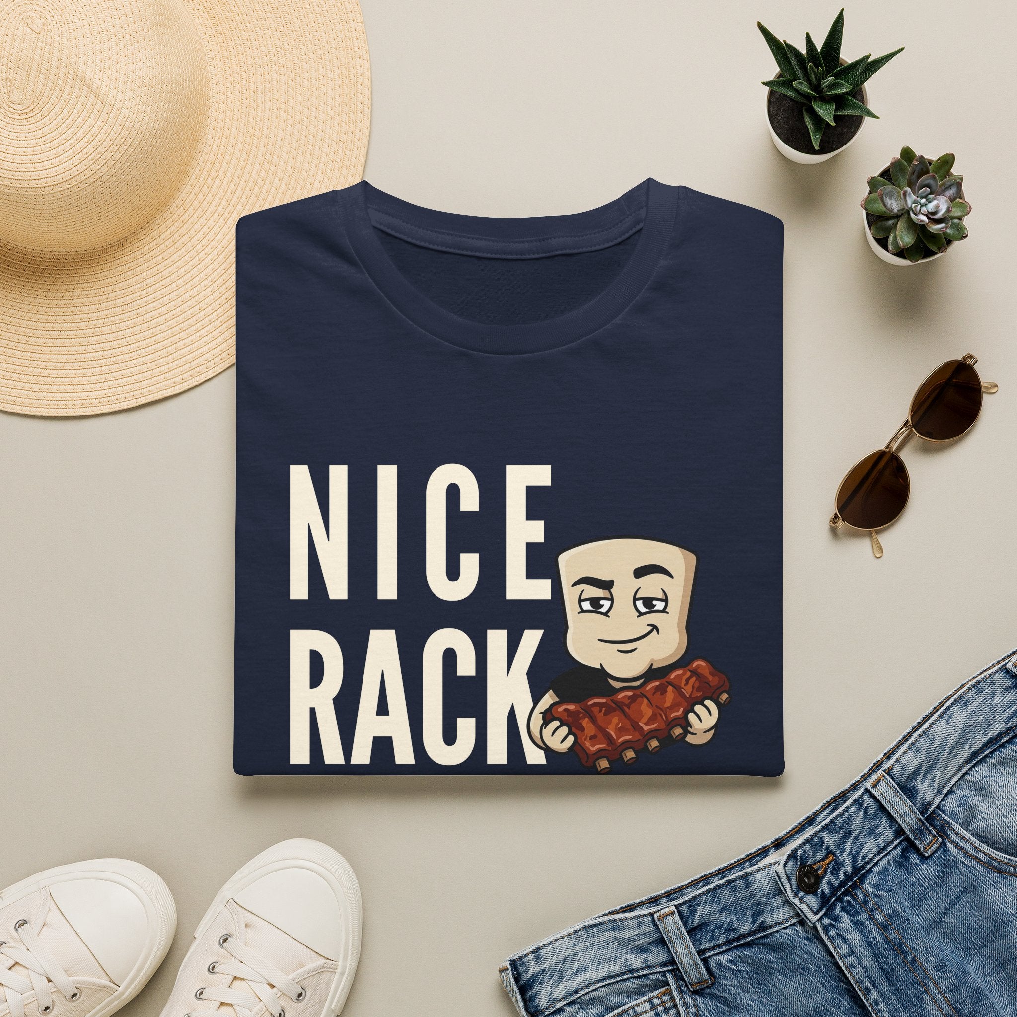 Navy T-shirt with bold “Nice Rack” letters and cartoon BBQ ribs graphic